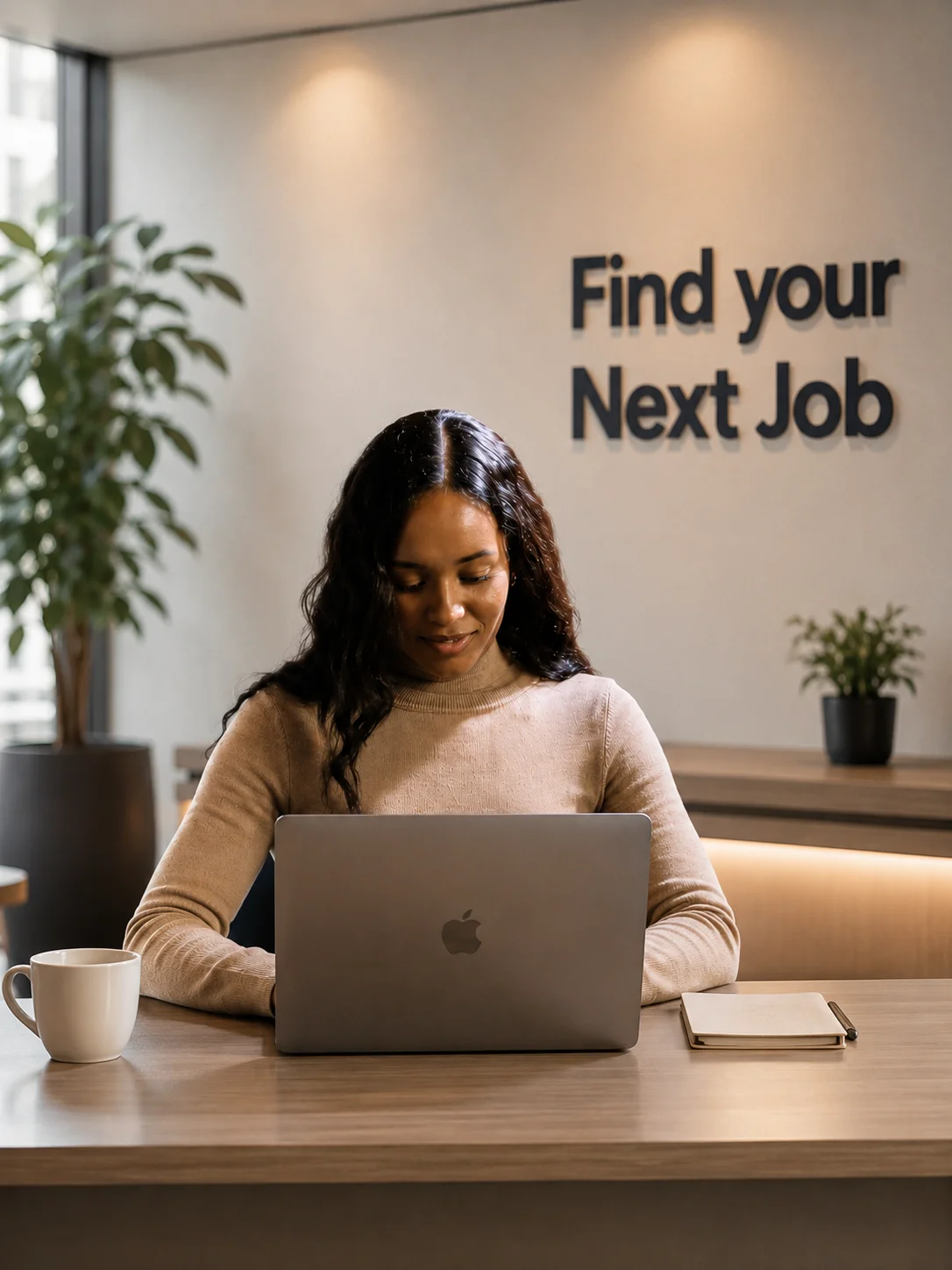 A woman smiling while she looks for her next job on Next Job